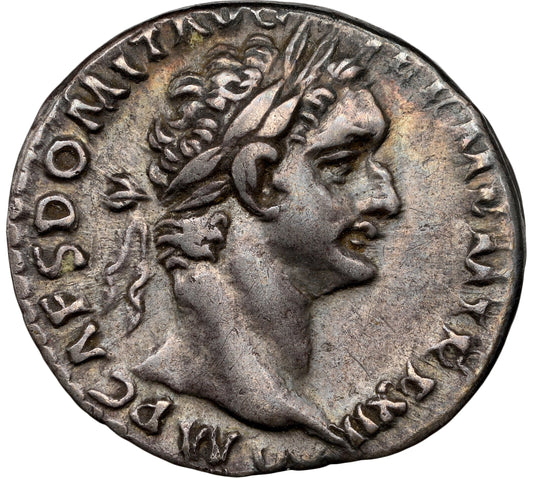 Roman Empire - Domitian - Silver Denarius - NGC Ch VF - RIC:742