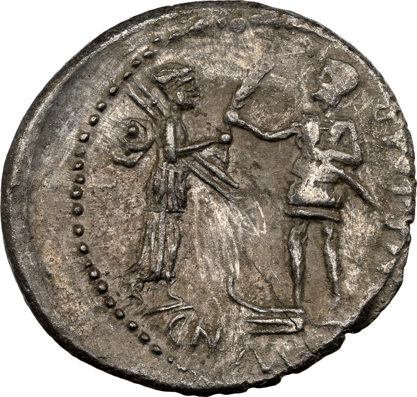 Roman Imperatorial - Pompey Junior - Silver Denarius - NGC Ch XF - Crawf. 469/1a