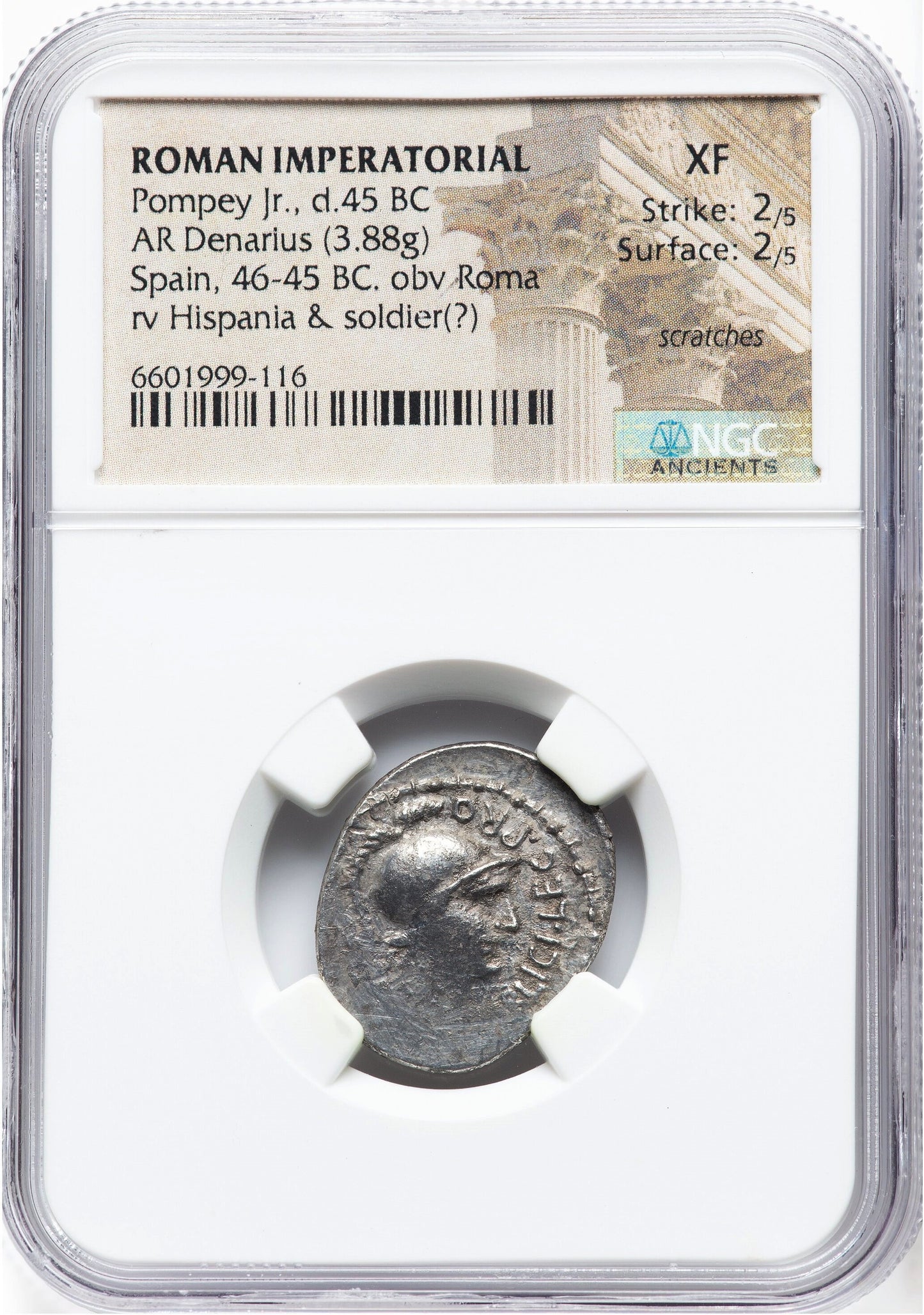Roman Imperatorial - Pompey Junior - Silver Denarius - NGC XF - Crawf. 469/1a