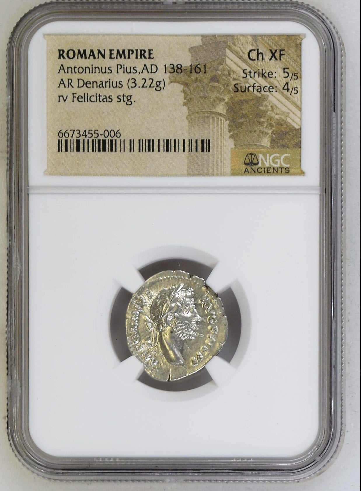 Roman Empire - Antoninus Pius - Silver Denarius - NGC Ch XF - RIC:130