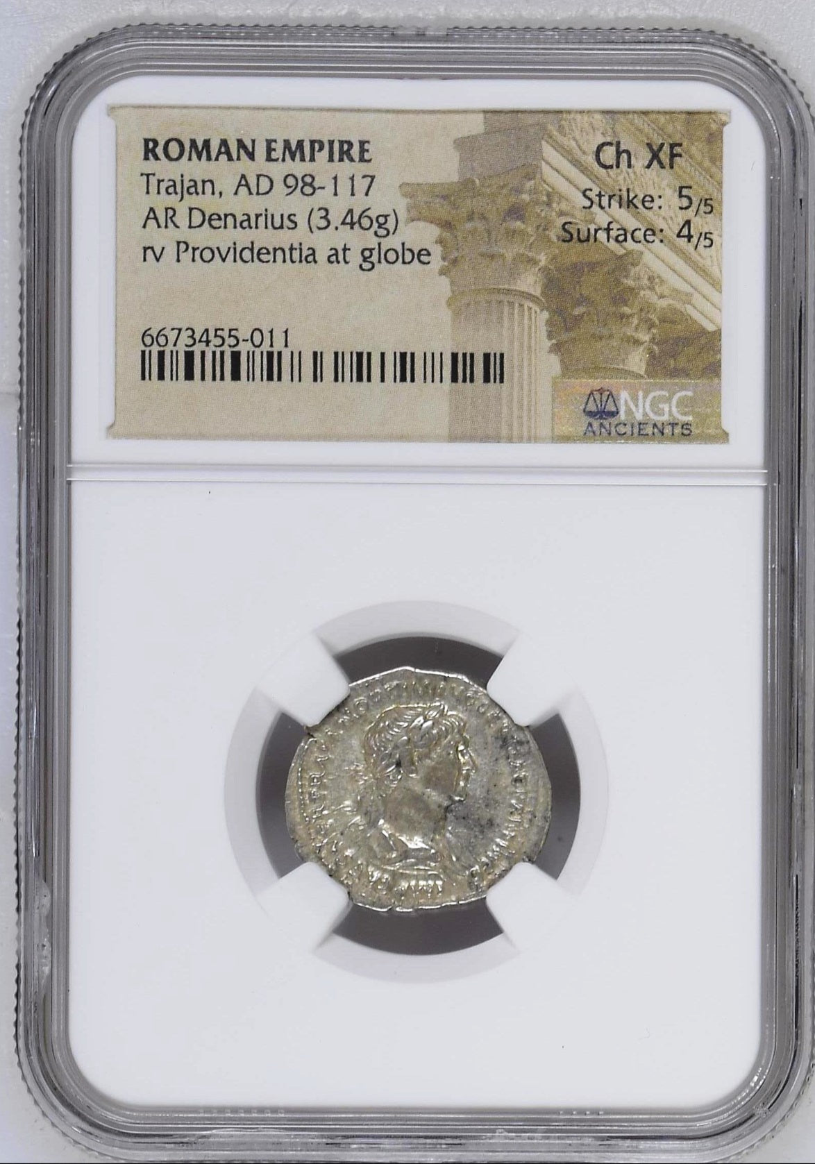 Roman Empire - Trajan - Silver Denarius - NGC Ch XF - RIC:365