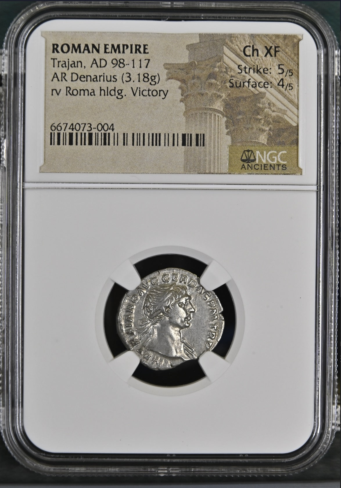 Roman Empire - Trajan - Silver Denarius - NGC Ch XF - RIC:116