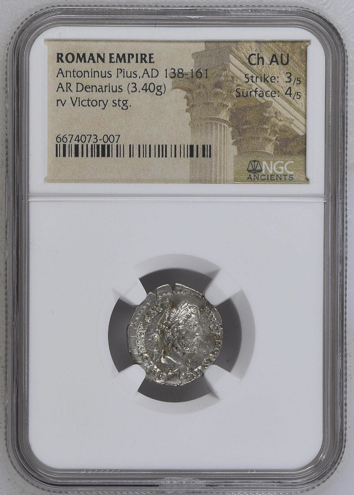 Roman Empire - Antoninus Pius - Silver Denarius - NGC Ch AU - RIC:121c