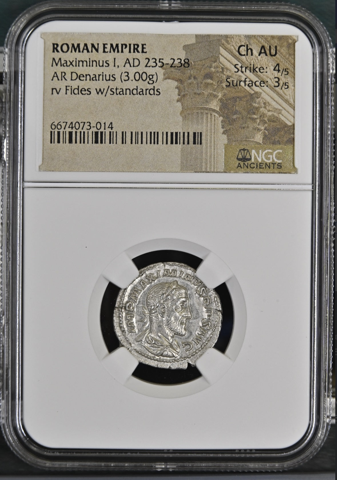 Roman Empire - Maximinus I - Silver Denarius - NGC Ch AU - RIC:7a