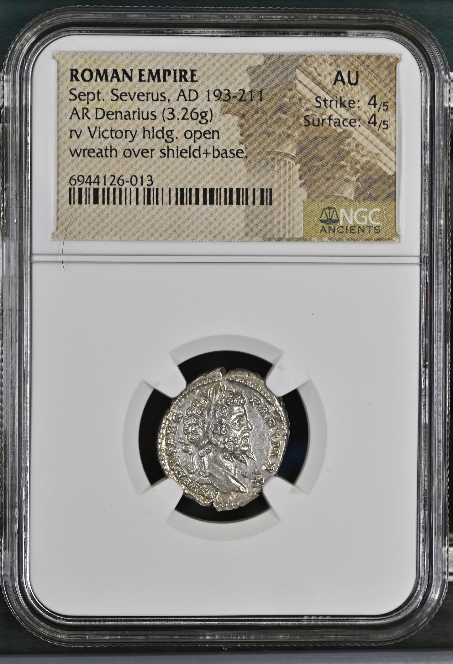 Roman Empire - Septimius Severus - Silver Denarius - NGC AU - RIC:152