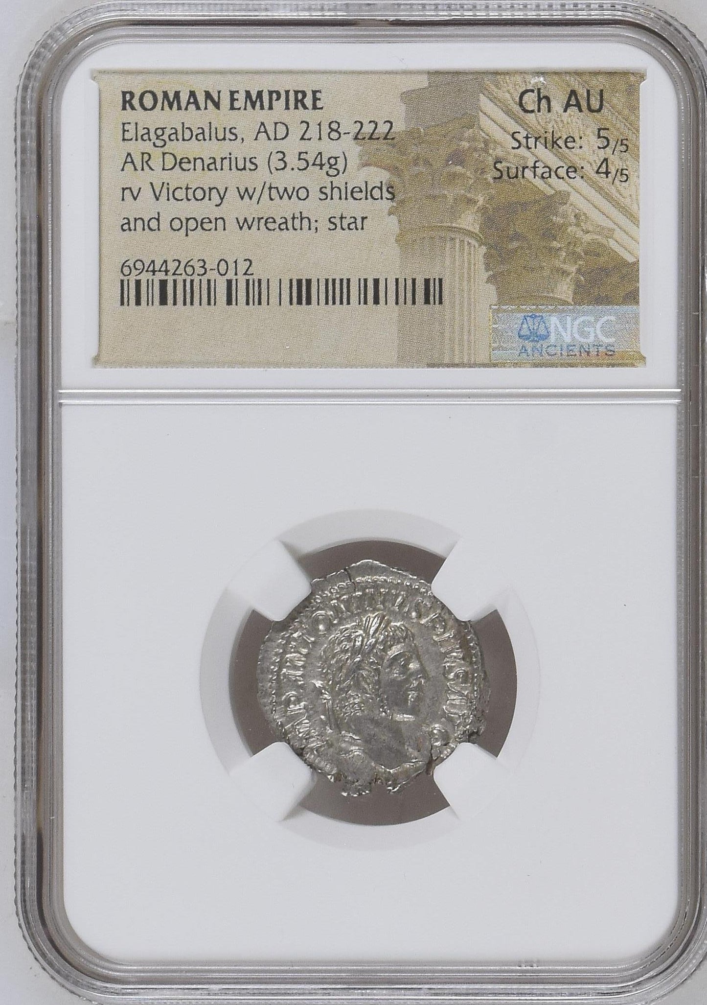 Roman Empire - Elagabalus - Silver Denarius - NGC Ch AU - RIC:161