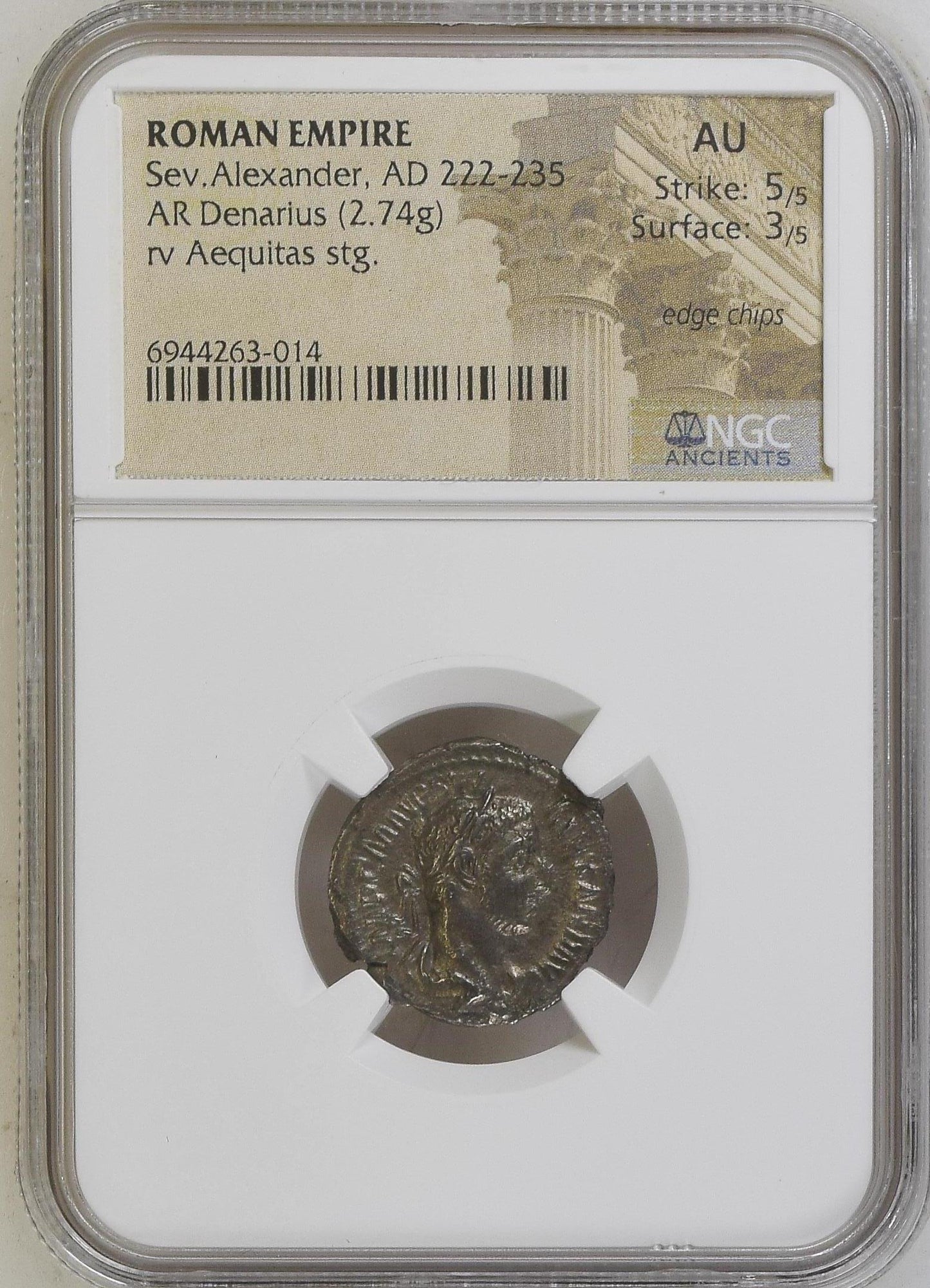 Roman Empire - Severus Alexander - Silver Denarius - NGC AU - Sear: 7856