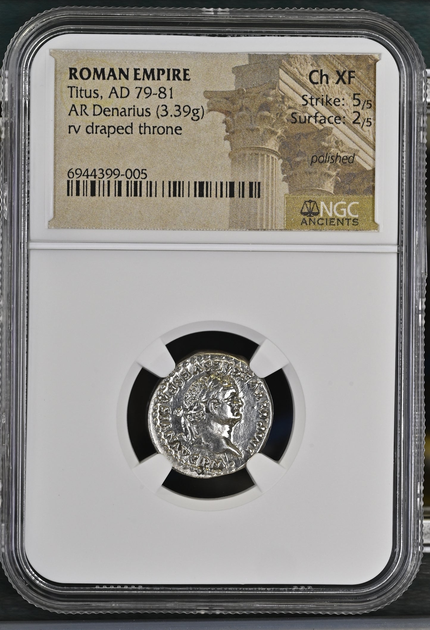 Roman Empire - Titus - Silver Denarius - NGC Ch XF - RIC:24a