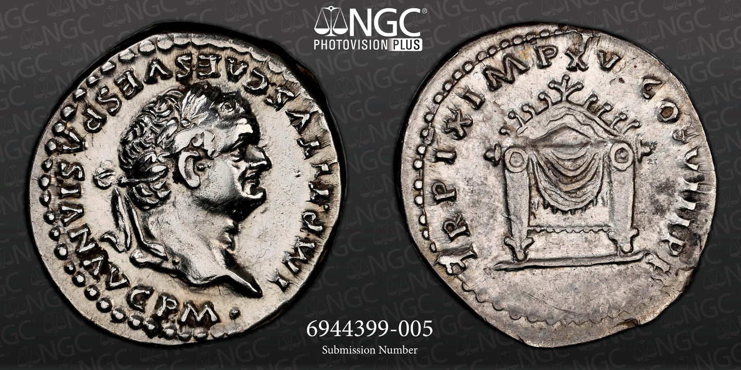 Roman Empire - Titus - Silver Denarius - NGC Ch XF - RIC:24a