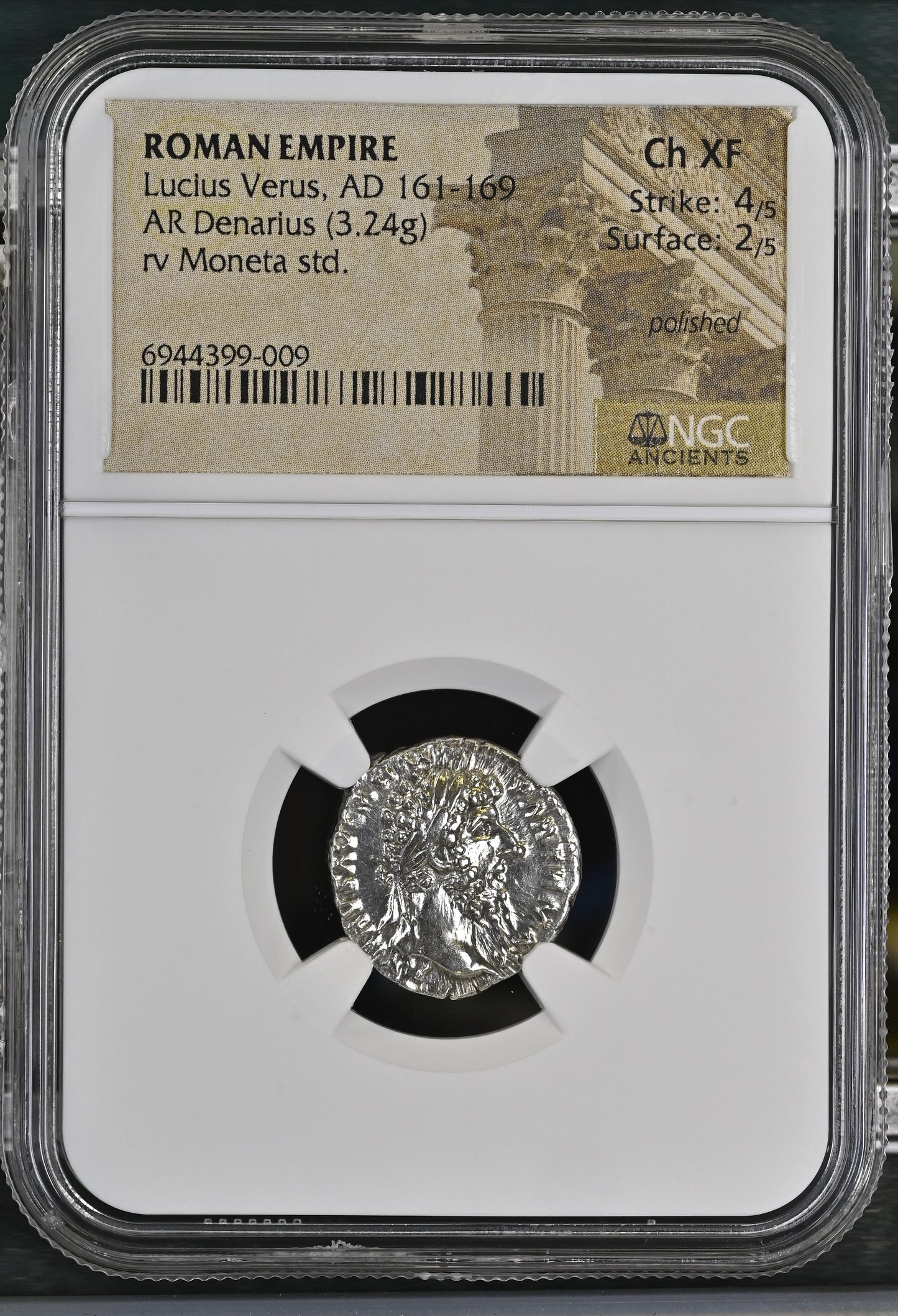 Roman Empire - Lucius Verus - Silver Denarius - NGC Ch XF - RIC:595