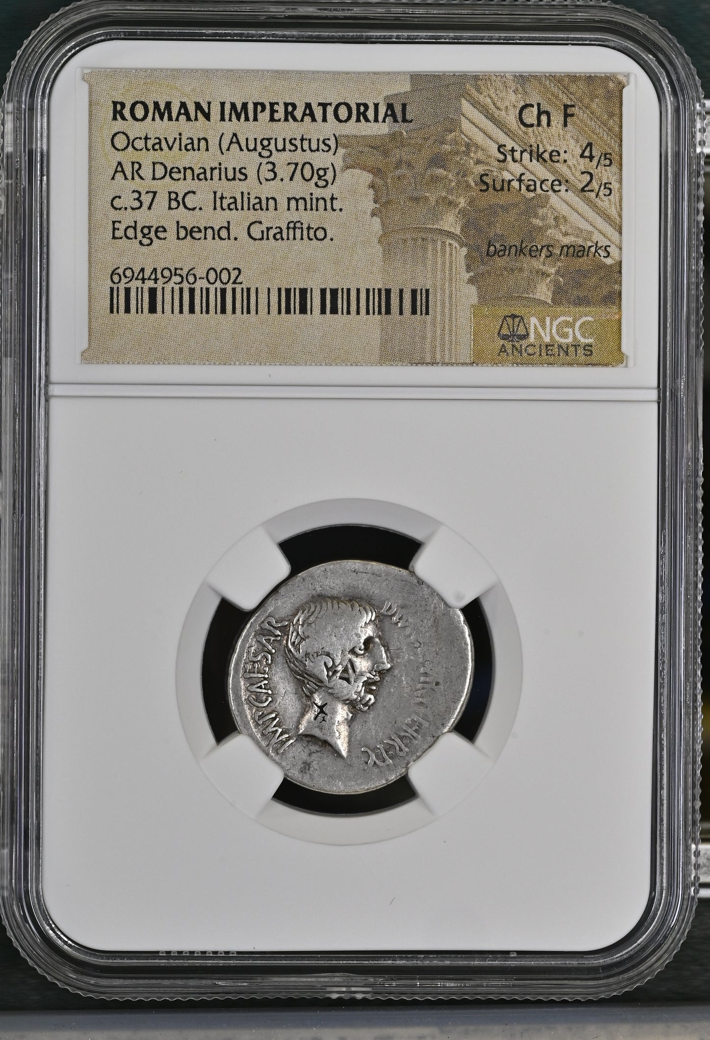 Roman Imperatorial - Octavian (Augustus) - Silver Denarius - NGC Ch F - Crawf. 538/1