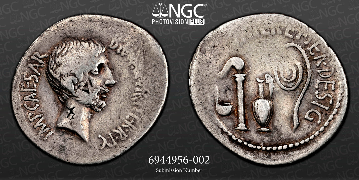 Roman Imperatorial - Octavian (Augustus) - Silver Denarius - NGC Ch F - Crawf. 538/1