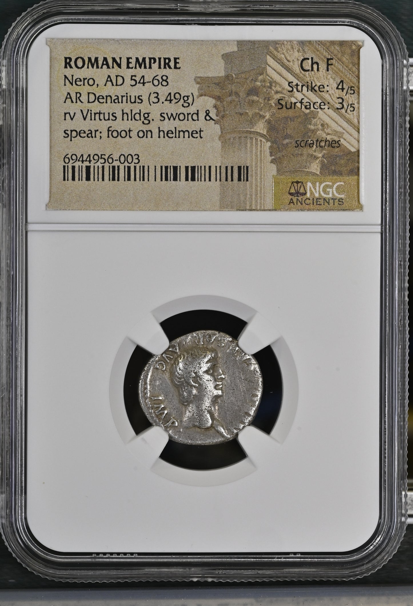 Roman Empire - Nero - Silver Denarius - NGC Ch F - RIC:26