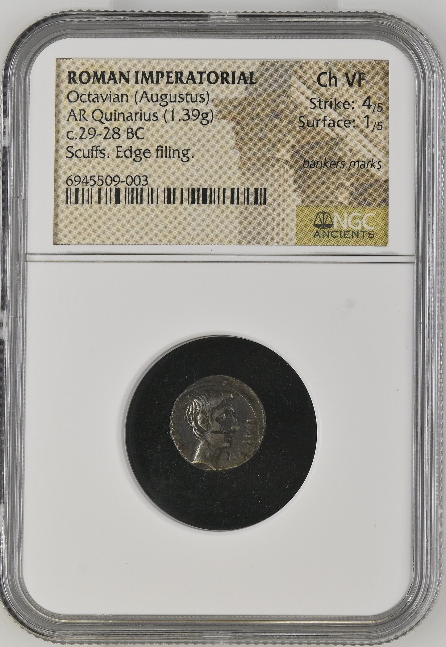 Roman Imperatorial - Octavian (Augustus) - Silver Quinarius - NGC Ch VF - RIC:276