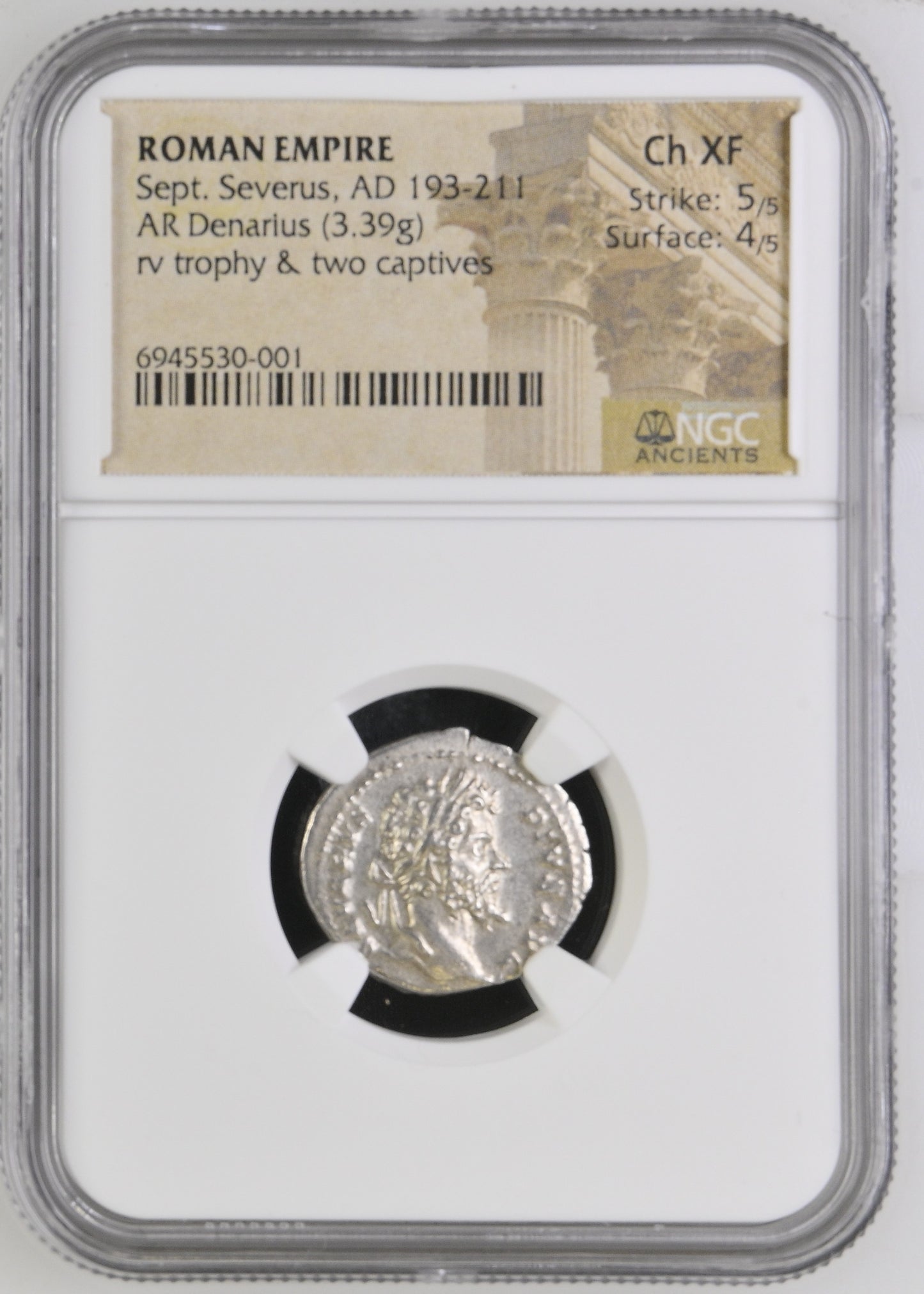 Roman Empire - Septimius Severus - Silver Denarius - NGC Ch XF - RIC:176