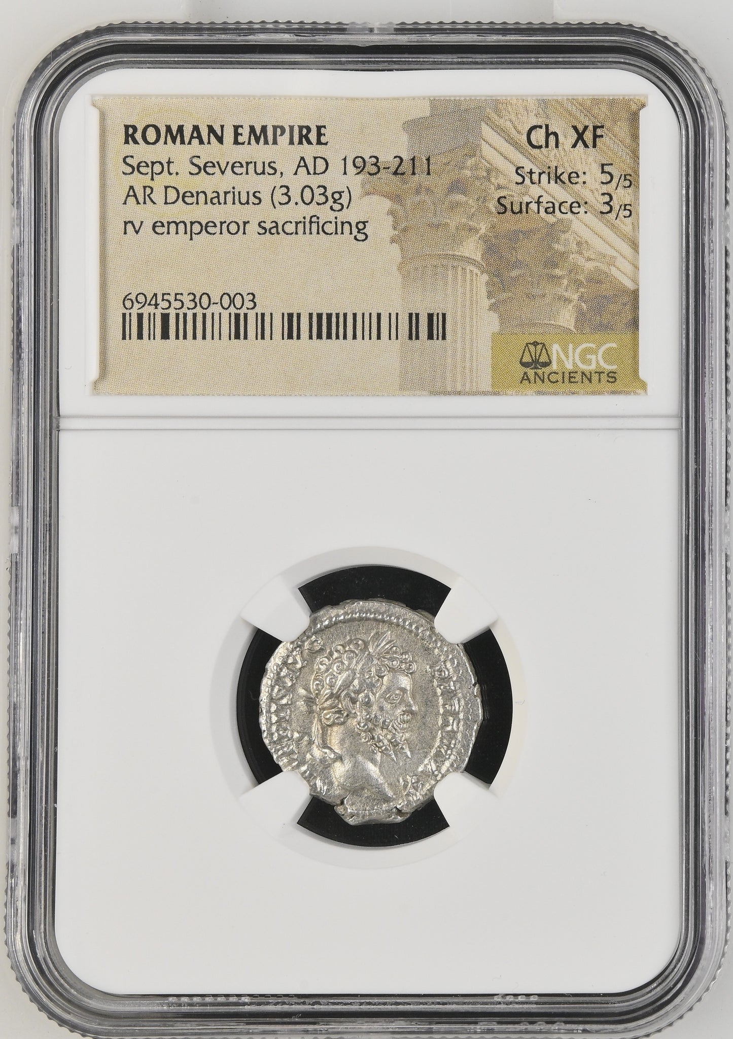 Roman Empire - Septimius Severus - Silver Denarius - NGC Ch XF - RIC:167a
