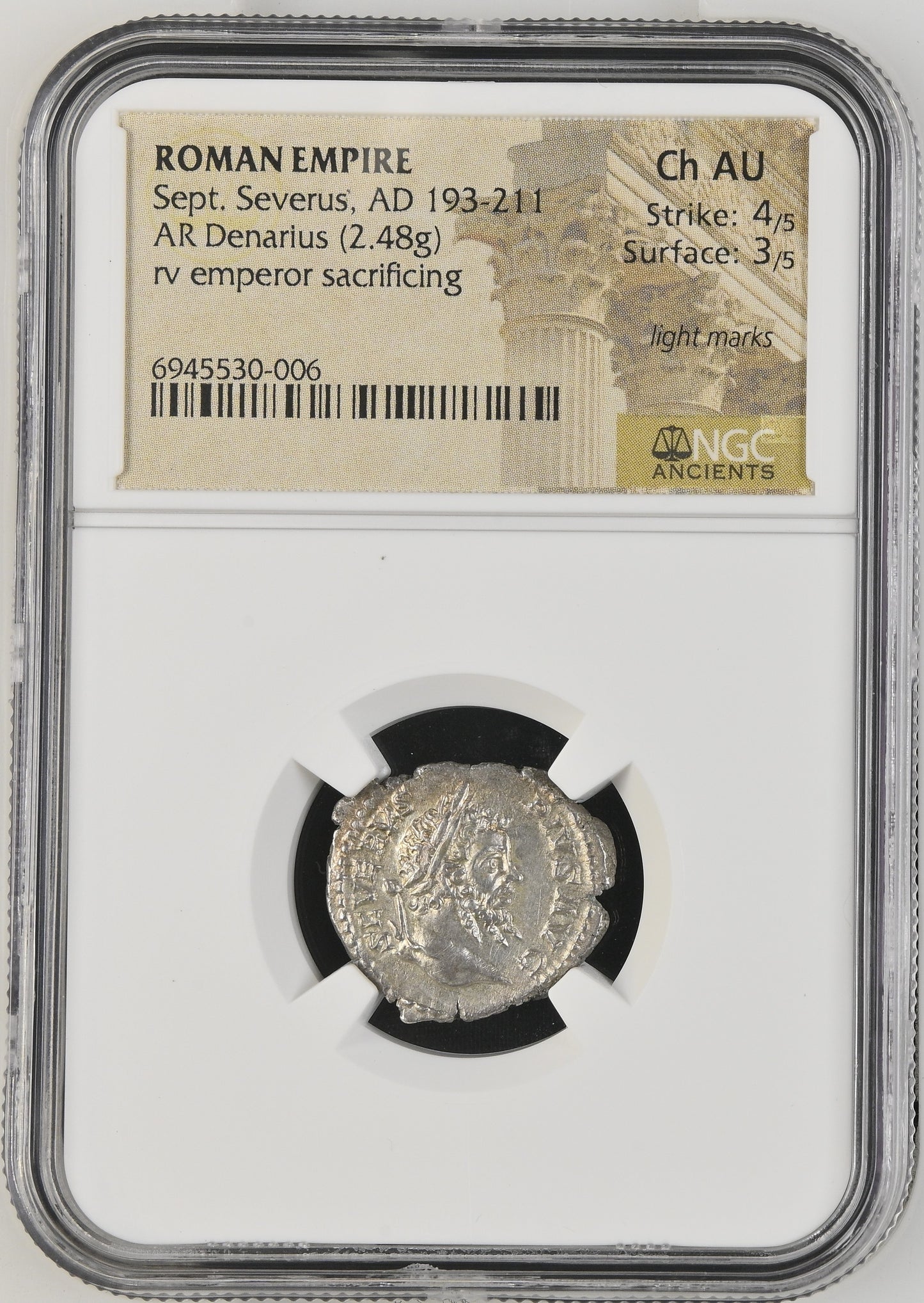 Roman Empire - Septimius Severus - Silver Denarius - NGC Ch AU - RIC:226