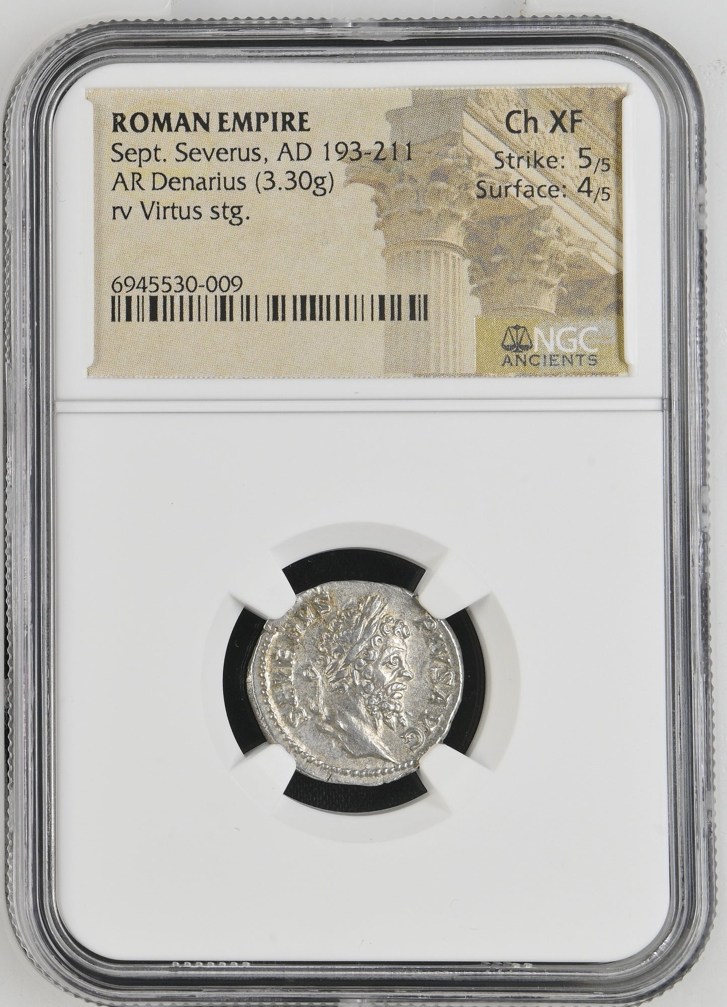 Roman Empire - Septimius Severus - Silver Denarius - NGC Ch XF - RIC:197