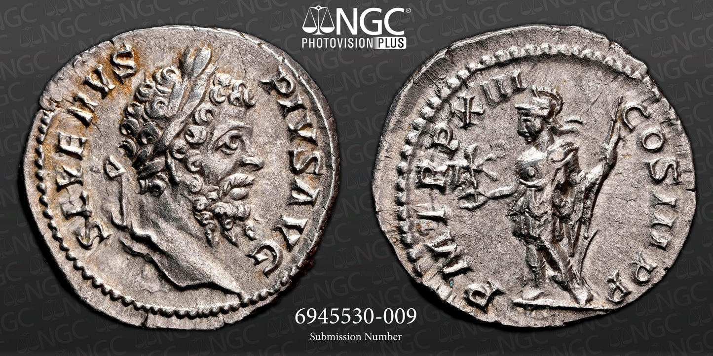 Roman Empire - Septimius Severus - Silver Denarius - NGC Ch XF - RIC:197