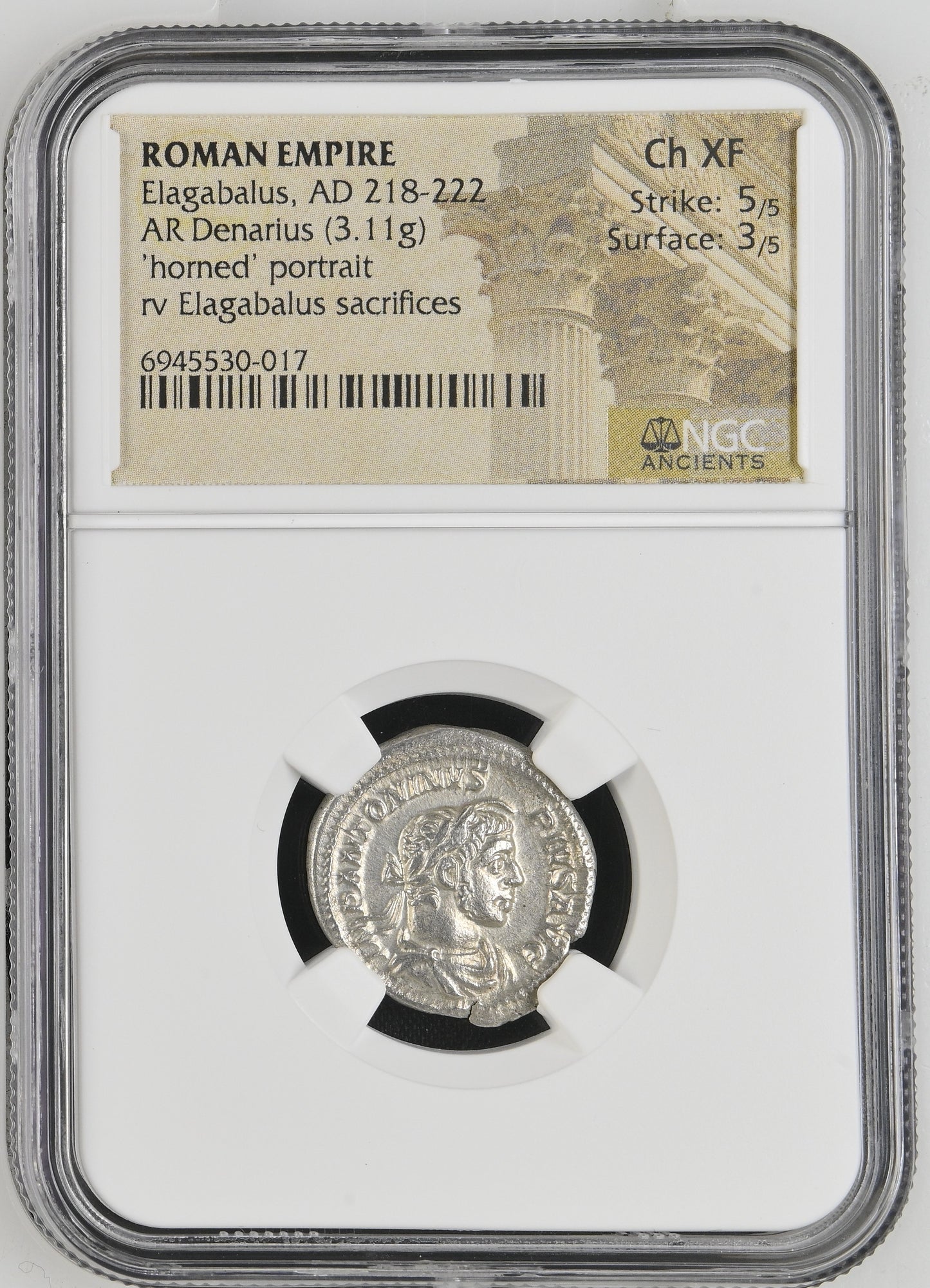 Roman Empire - Elagabalus - Silver Denarius - NGC Ch XF - RIC:46