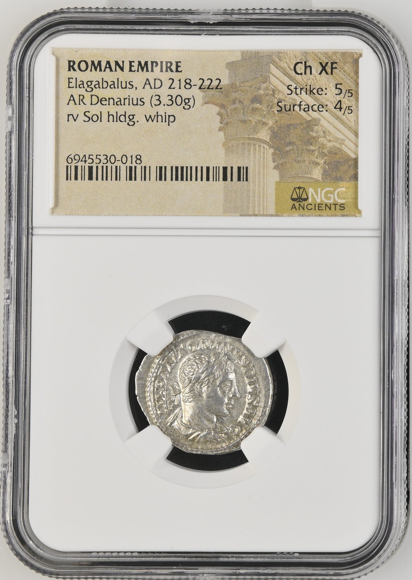 Roman Empire - Elagabalus - Silver Denarius - NGC Ch XF - RIC:28