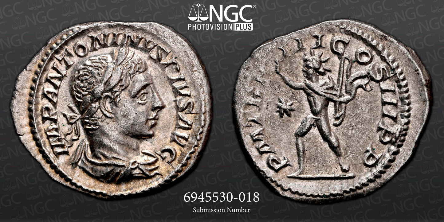Roman Empire - Elagabalus - Silver Denarius - NGC Ch XF - RIC:28
