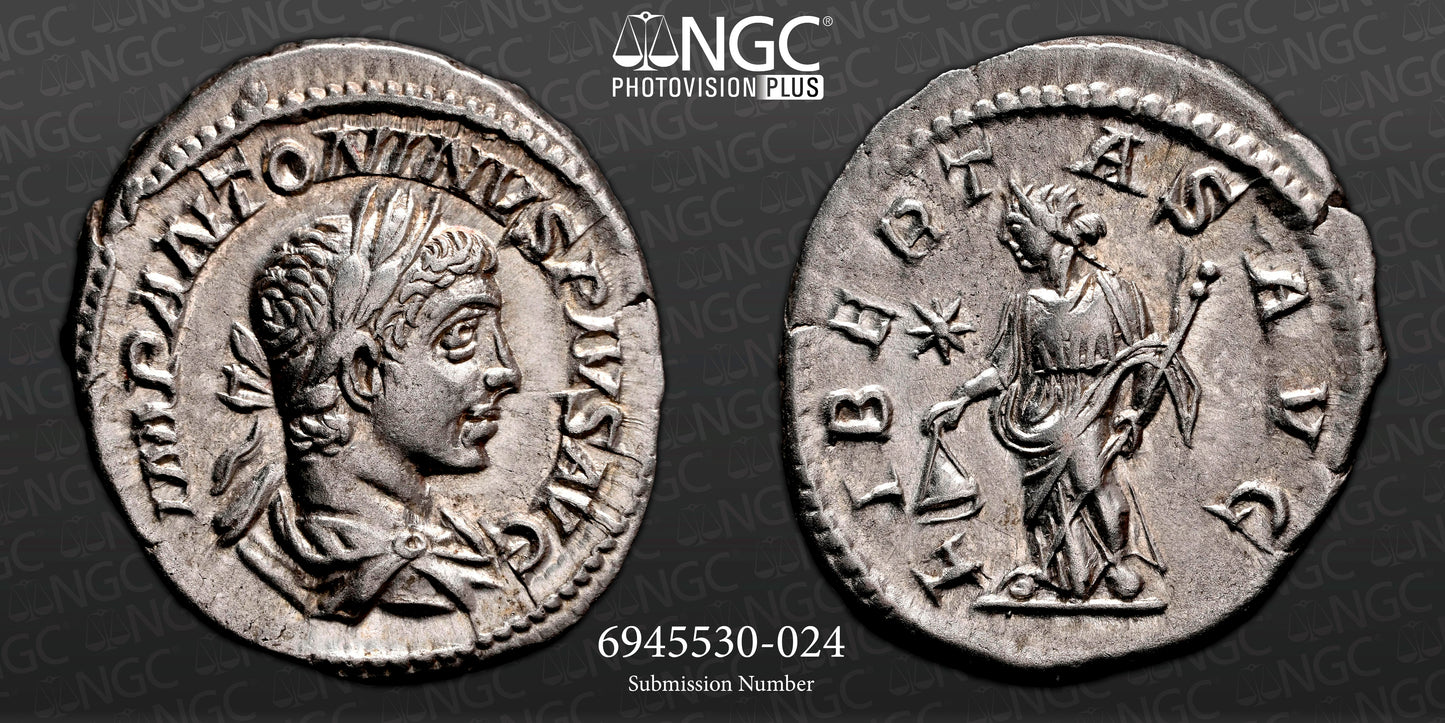 Roman Empire - Elagabalus - Silver Denarius - NGC Ch XF - RIC:107