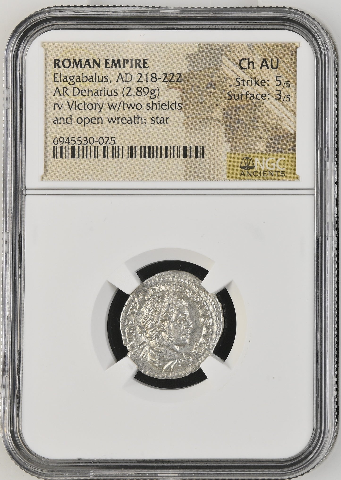 Roman Empire - Elagabalus - Silver Denarius - NGC Ch AU - RIC:45