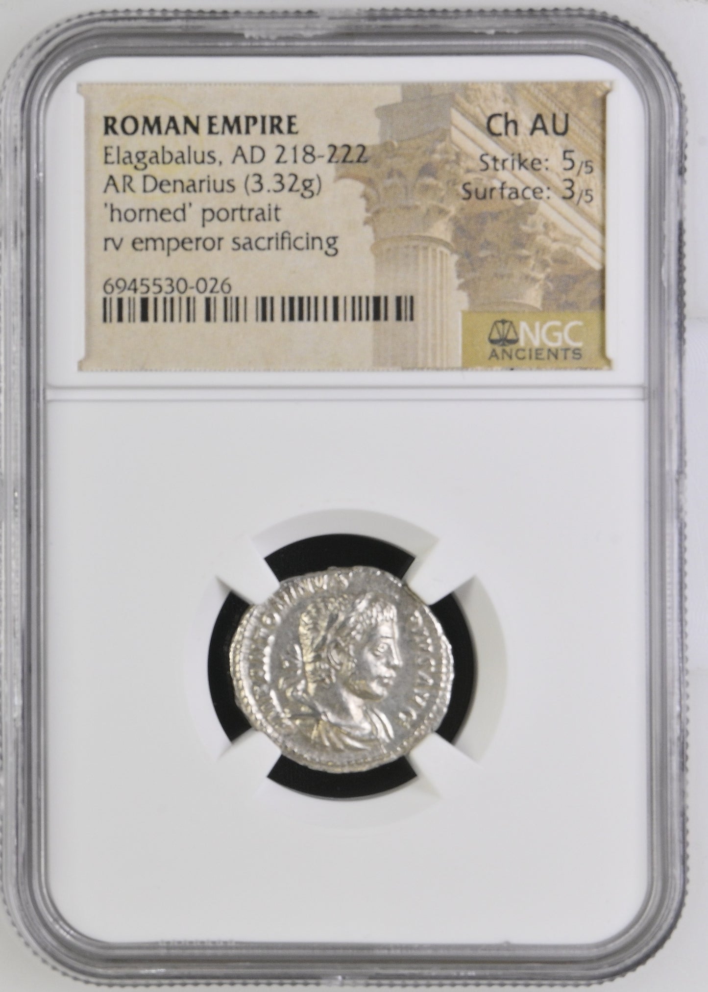 Roman Empire - Elagabalus - Silver Denarius - NGC Ch AU - RIC:131