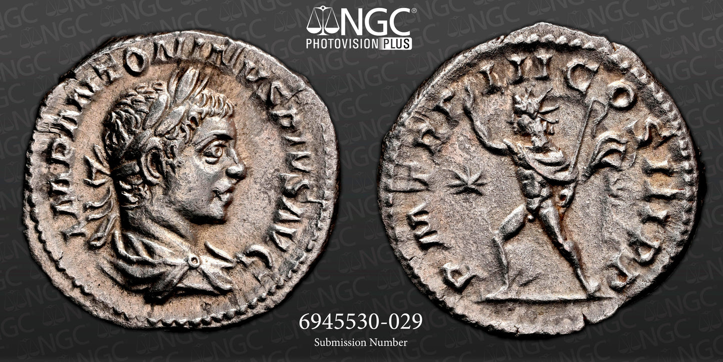 Roman Empire - Elagabalus - Silver Denarius - NGC Ch AU - RIC:28