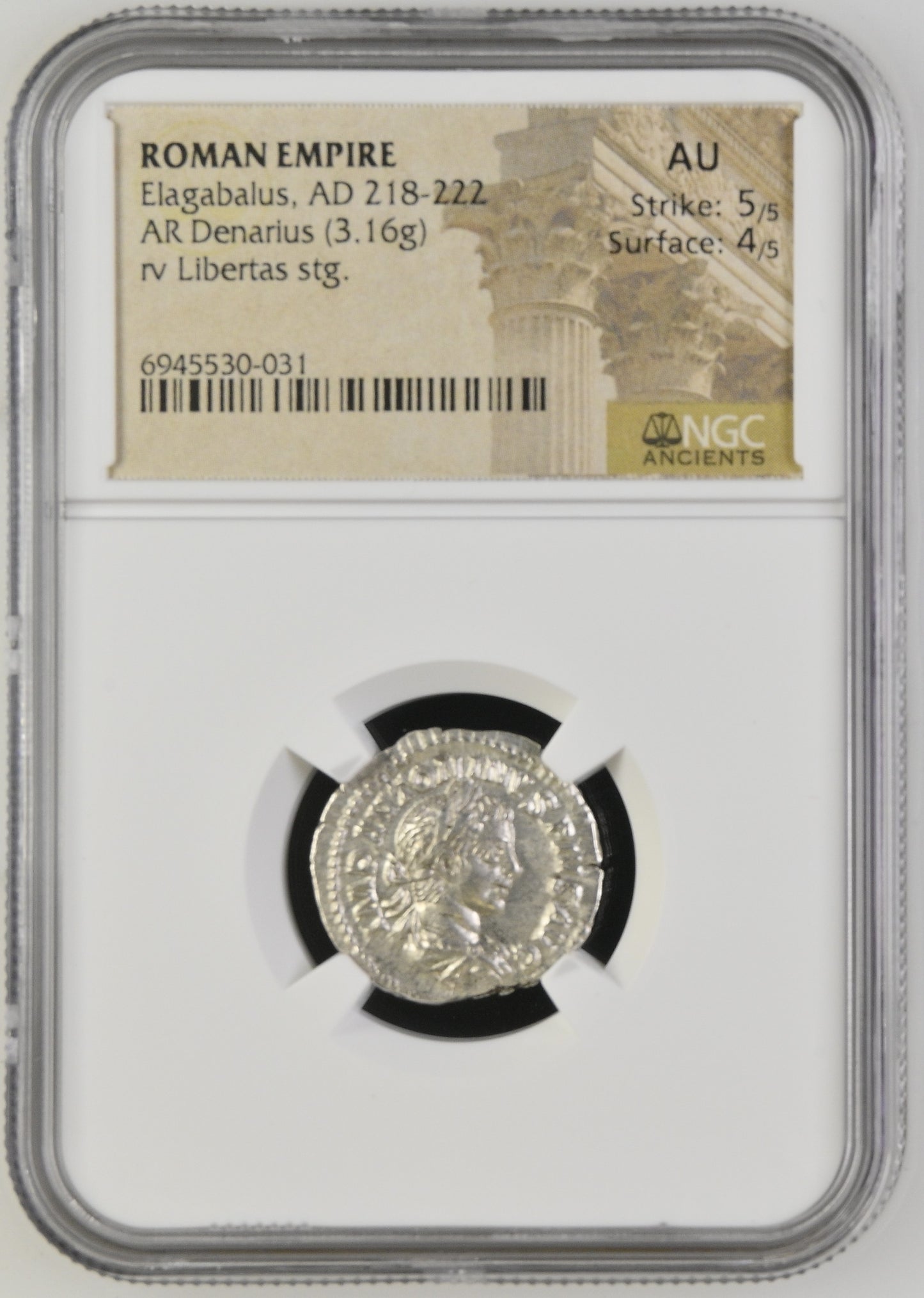 Roman Empire - Elagabalus - Silver Denarius - NGC AU - RIC:107