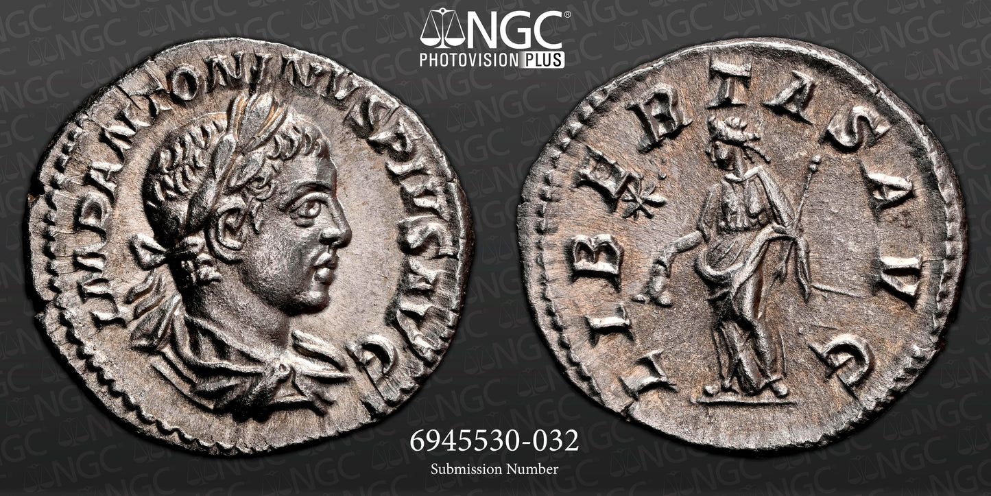 Roman Empire - Elagabalus - Silver Denarius - NGC Ch AU - RIC:107