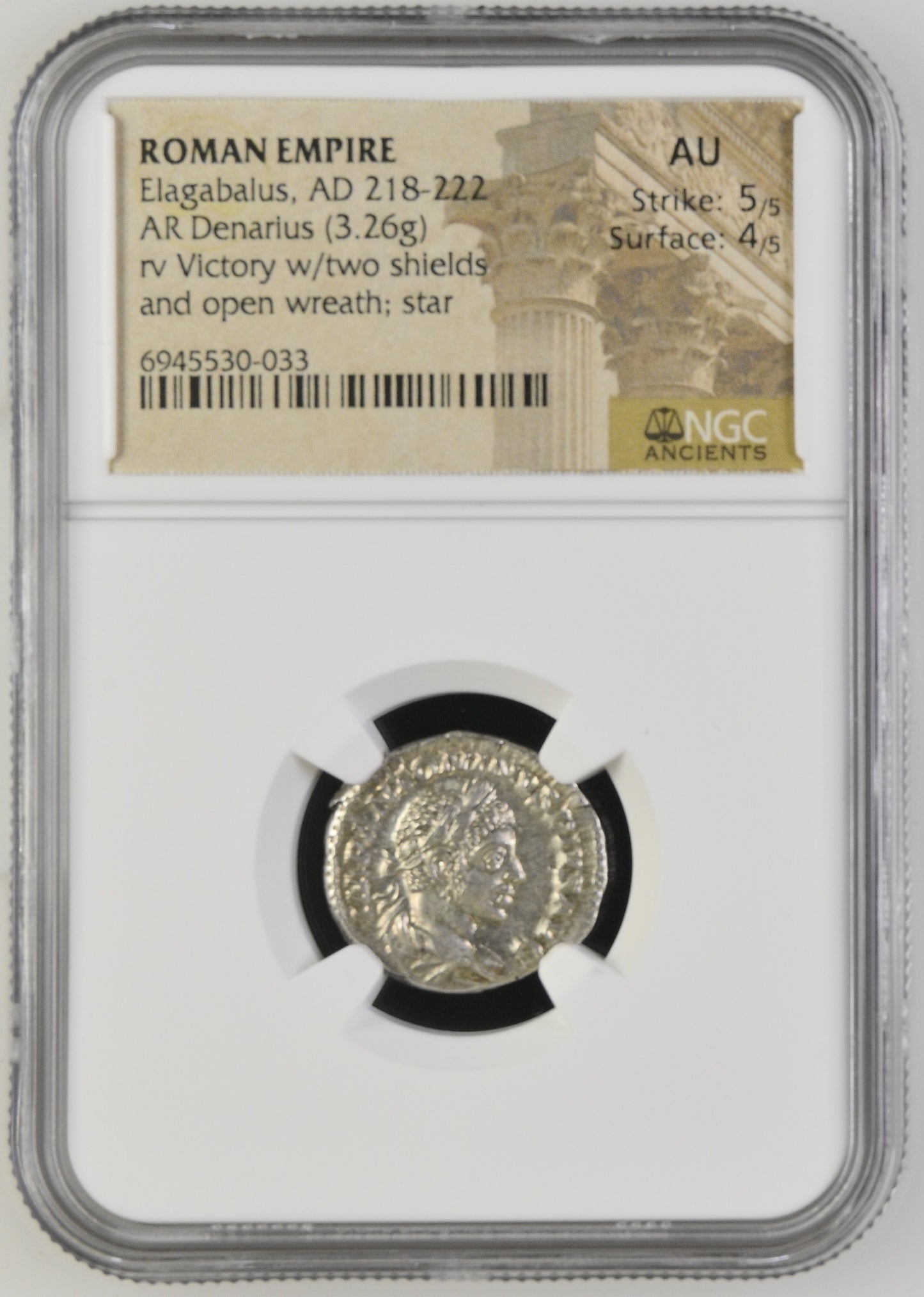 Roman Empire - Elagabalus - Silver Denarius - NGC AU - RIC:161b