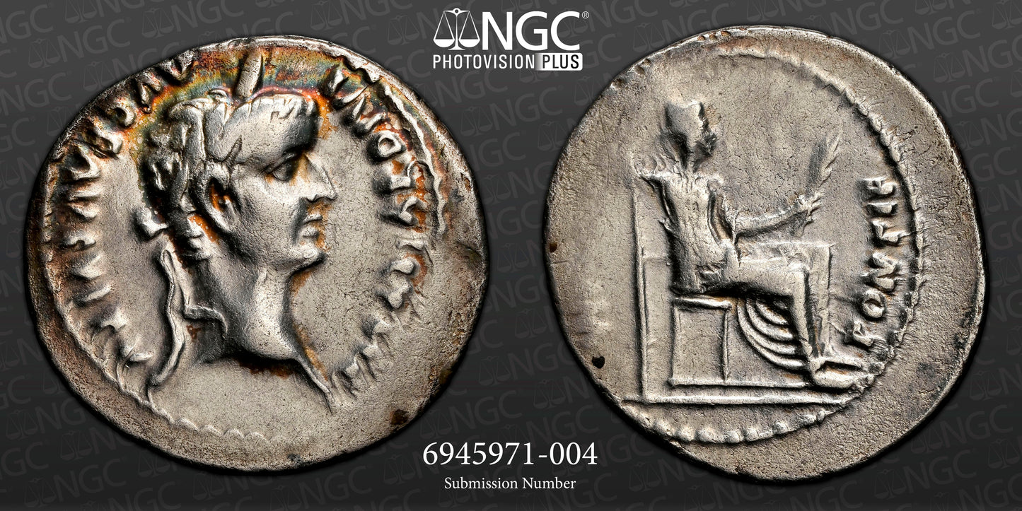 Roman Empire - Tiberius - Silver Denarius - NGC Ch F - RIC:30