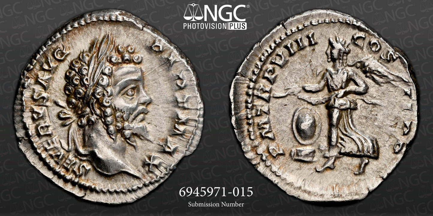 Roman Empire - Septimius Severus - Silver Denarius - NGC Ch AU - RIC:150