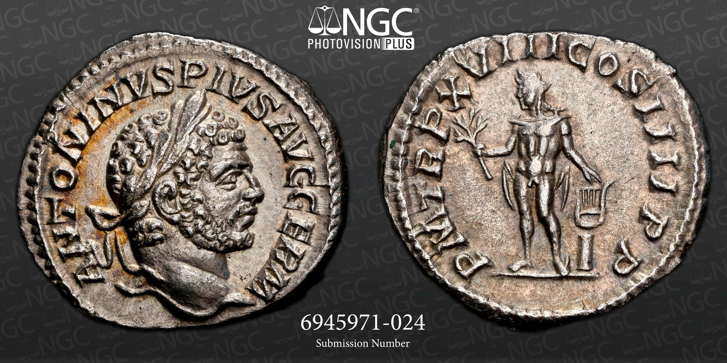 Roman Empire - Caracalla - Silver Denarius - NGC Ch AU - RIC:254