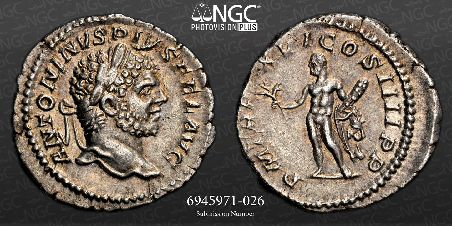 Roman Empire - Caracalla - Silver Denarius - NGC Ch XF - RIC:206b