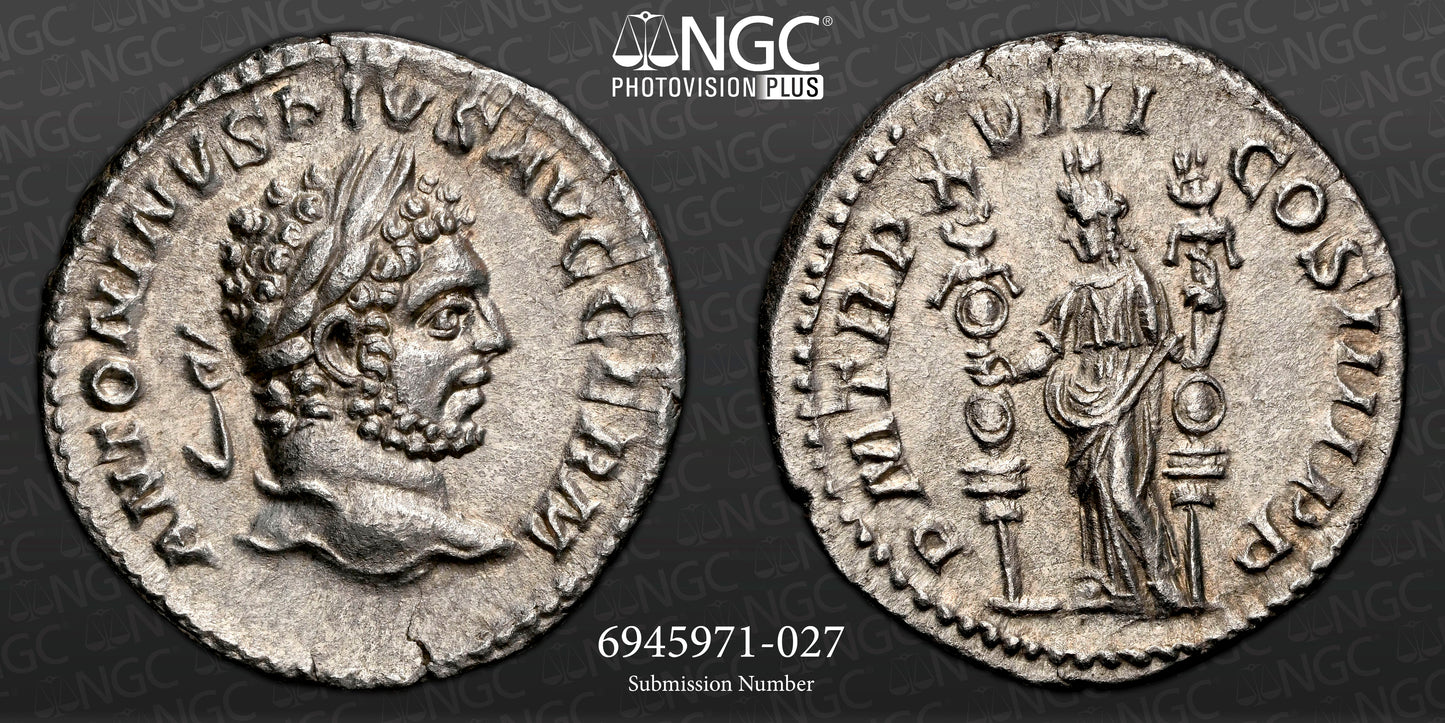 Roman Empire - Caracalla - Silver Denarius - NGC Ch AU - RIC:266