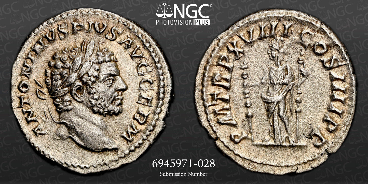 Roman Empire - Caracalla - Silver Denarius - NGC Ch AU - RIC:266
