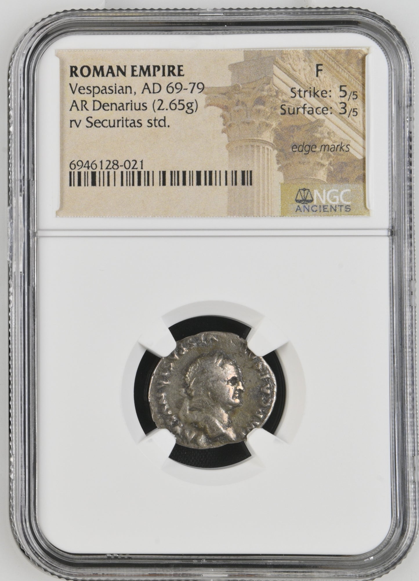 Roman Empire - Vespasian - Silver Denarius - NGC F - RIC:91