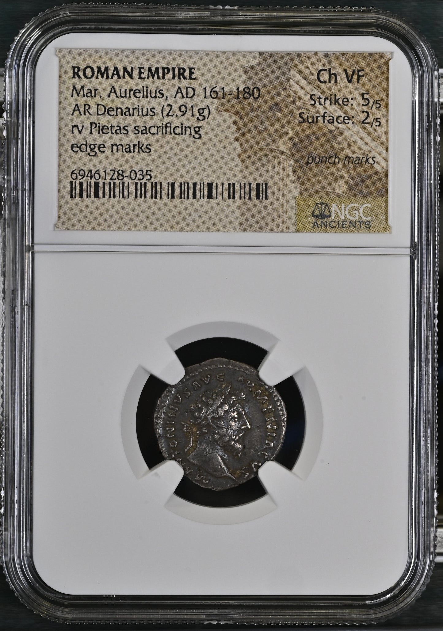 Roman Empire - Marcus Aurelius - Silver Denarius - NGC Ch VF - RIC:148