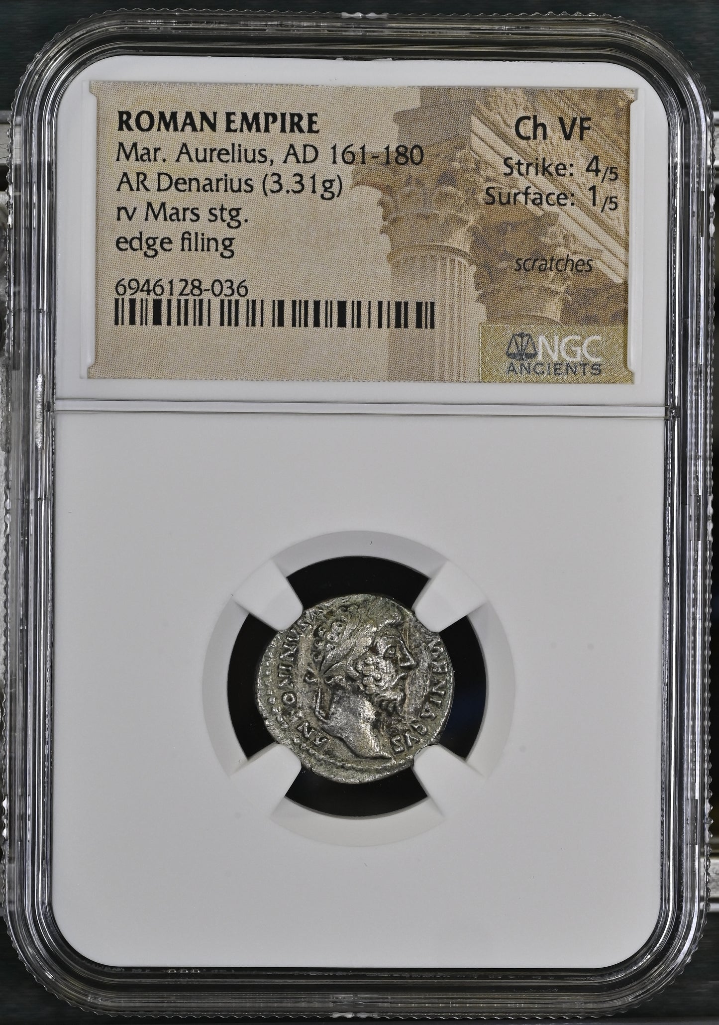 Roman Empire - Marcus Aurelius - Silver Denarius - NGC Ch VF - RIC:92