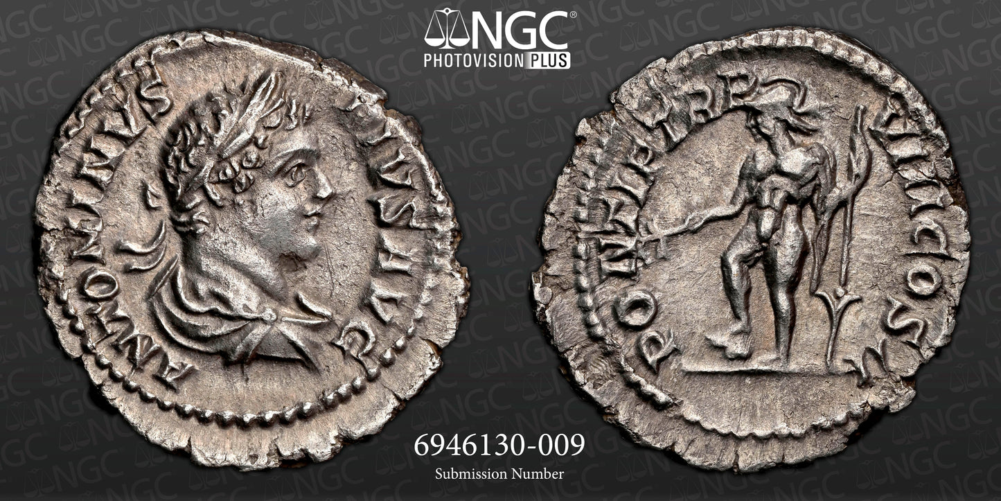 Roman Empire - Caracalla - Silver Denarius - NGC AU - RIC:80b
