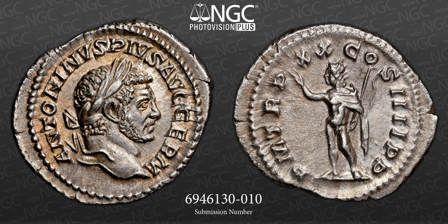 Roman Empire - Caracalla - Silver Denarius - NGC AU - RIC:293d