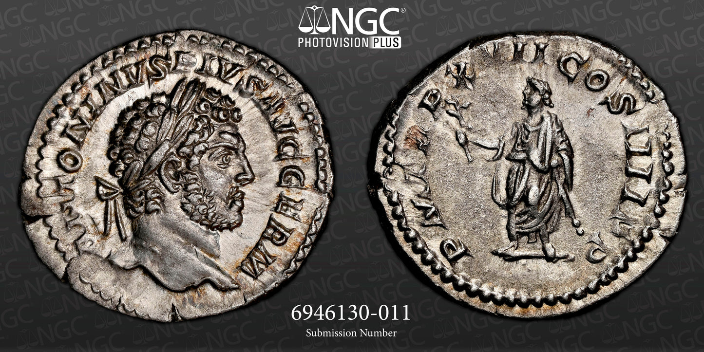 Roman Empire - Caracalla - Silver Denarius - NGC Ch AU - RIC:246