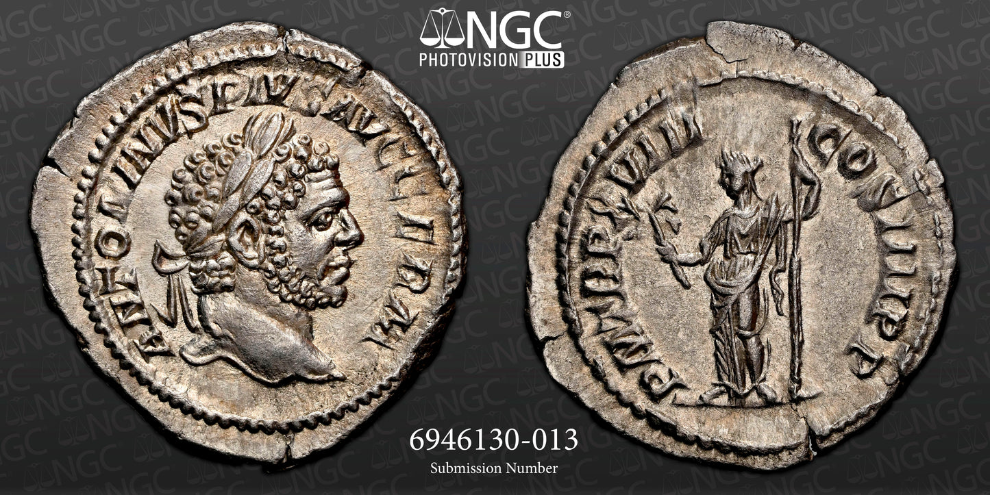 Roman Empire - Caracalla - Silver Denarius - NGC Ch AU - RIC:268