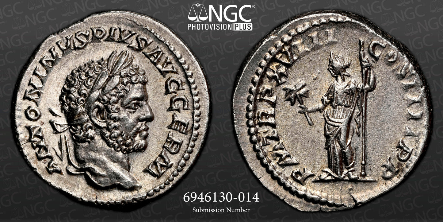 Roman Empire - Caracalla - Silver Denarius - NGC Ch AU - RIC:268
