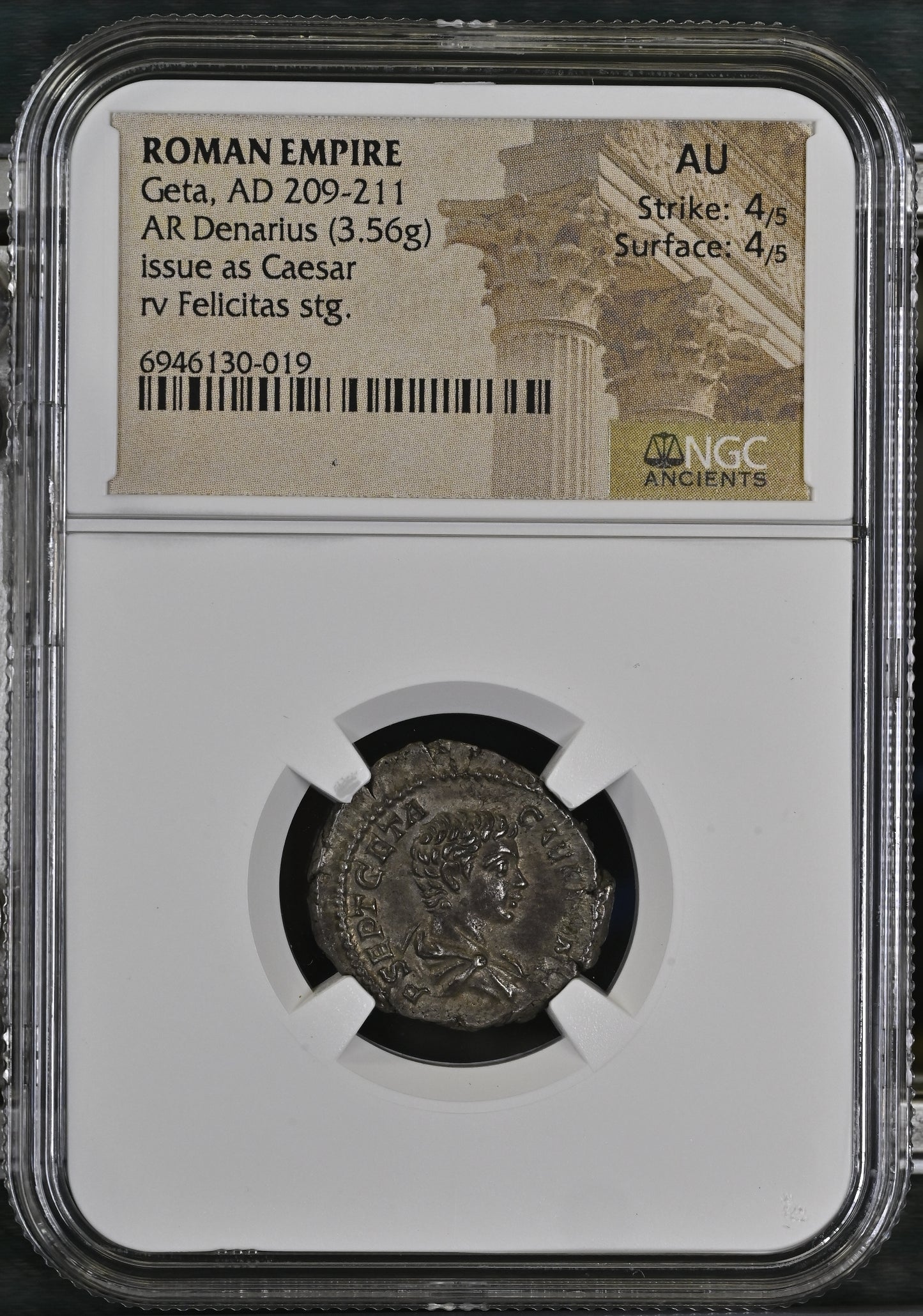 Roman Empire - Geta - Silver Denarius - NGC AU - RIC:9a