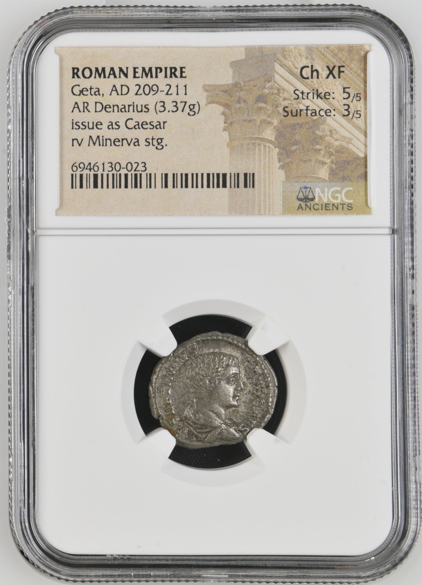 Roman Empire - Geta - Silver Denarius - NGC Ch XF - RIC:34b