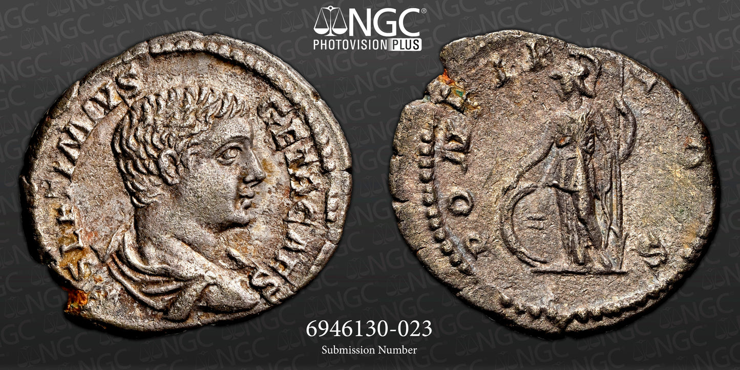 Roman Empire - Geta - Silver Denarius - NGC Ch XF - RIC:34b